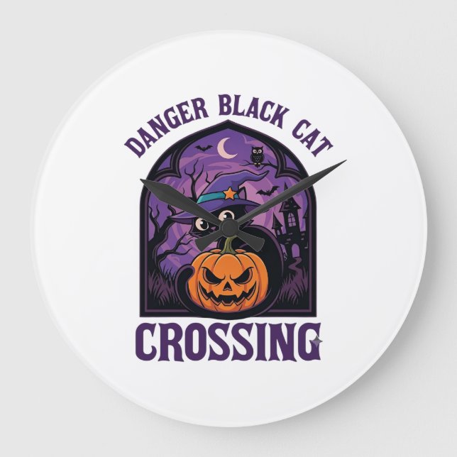 Danger Black Cat Crossing Halloween Pumpkin Witch  Large Clock (Front)