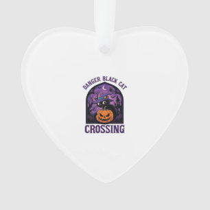 Danger Black Cat Crossing Halloween Pumpkin Witch Ornament
