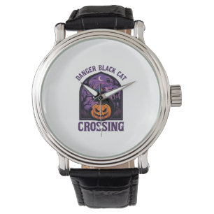 Danger Black Cat Crossing Halloween Pumpkin Witch Watch
