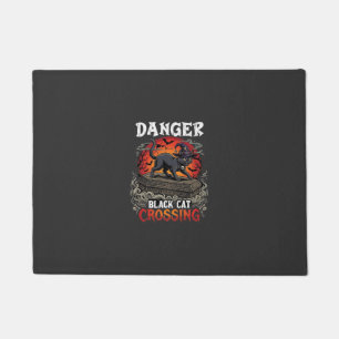 Danger Black Cat Crossing Halloween Witch Hat Coff Doormat