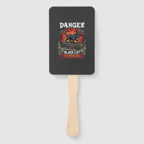 Danger Black Cat Crossing Halloween Witch Hat Coff Hand Fan
