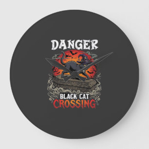 Danger Black Cat Crossing Halloween Witch Hat Coff Large Clock