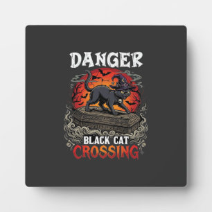 Danger Black Cat Crossing Halloween Witch Hat Coff Plaque