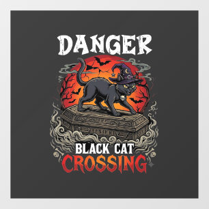 Danger Black Cat Crossing Halloween Witch Hat Coff Window Cling