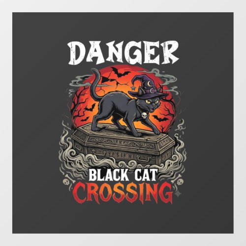Danger Black Cat Crossing Halloween Witch Hat Coff Window Cling