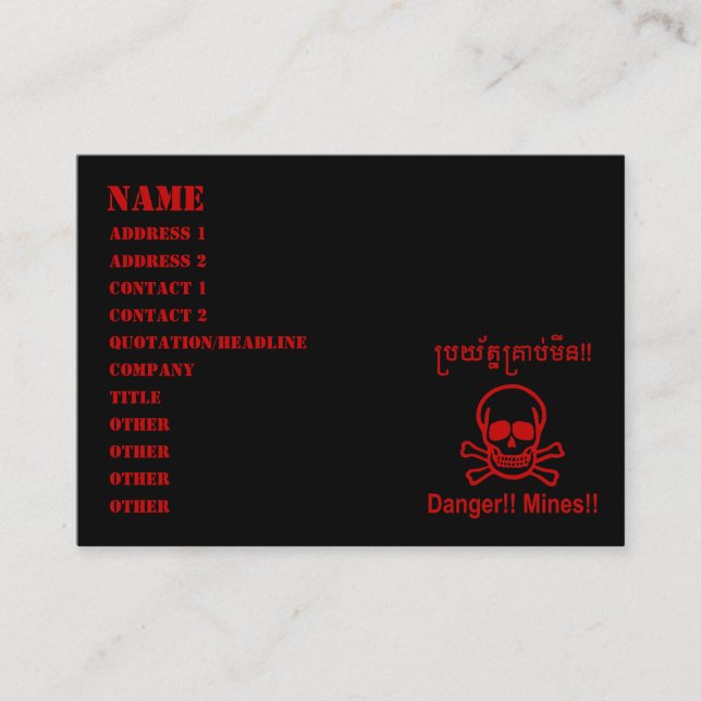 Danger!! Mines!! ☠ Cambodian Khmer Sign ☠ Business Card (Front)