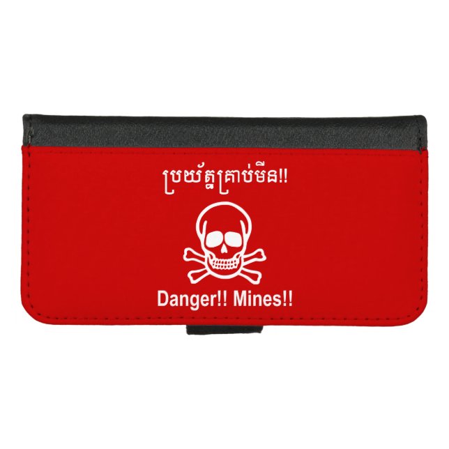 Danger!! Mines!! ☠ Cambodian Khmer Sign ☠ iPhone Wallet Case (Front (Horizontal))