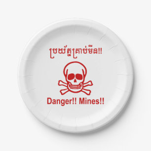 Danger!! Mines!! ☠ Cambodian Khmer Sign ☠ Paper Plates