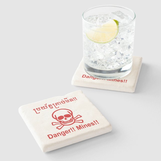 Danger!! Mines!! ☠ Cambodian Khmer Sign ☠ Stone Coaster (Side)