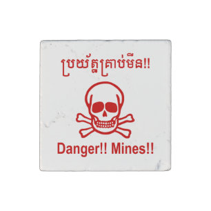 Danger!! Mines!! ☠ Cambodian Khmer Sign ☠ Stone Magnet