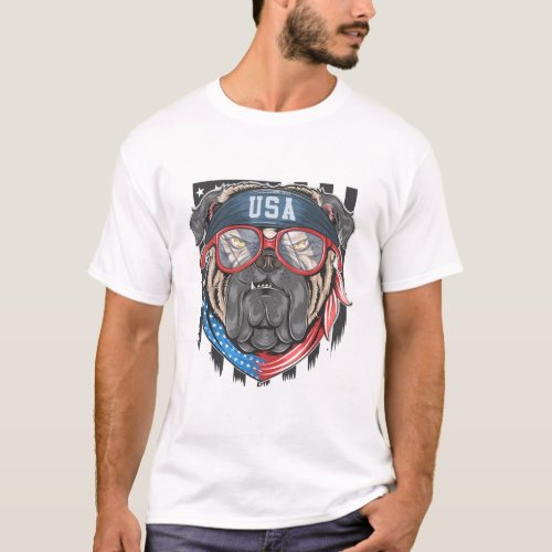 Dangerous American Dog Bull Dog with USA flag T_Shirt