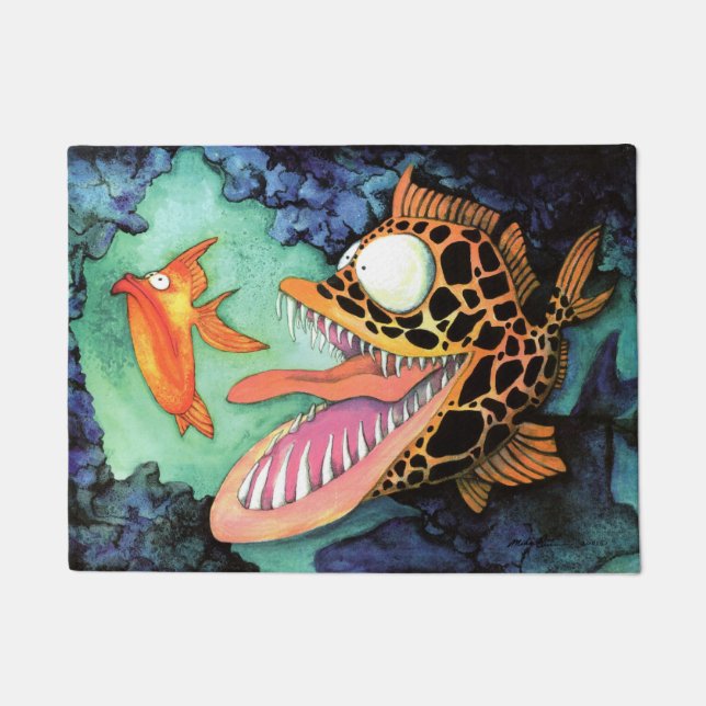 "Dangerous Waters" Fish Watercolor Mike Quinn Doormat (Front)