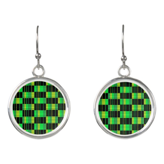 Dangle Earrings With Green and Black Plaid (Front)