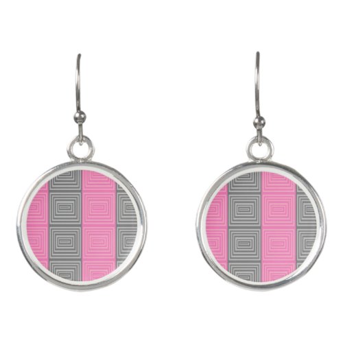 Dangle Earrings With Pink and Gray Squares Pattern