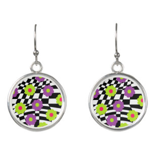 Dangle Earrings With Retro Flowers and Checkers 
