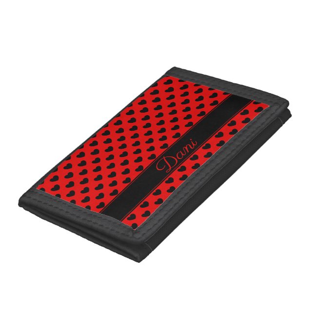 Dani - Name Template, Cool Red With Black Hearts Trifold Wallet (Bottom)