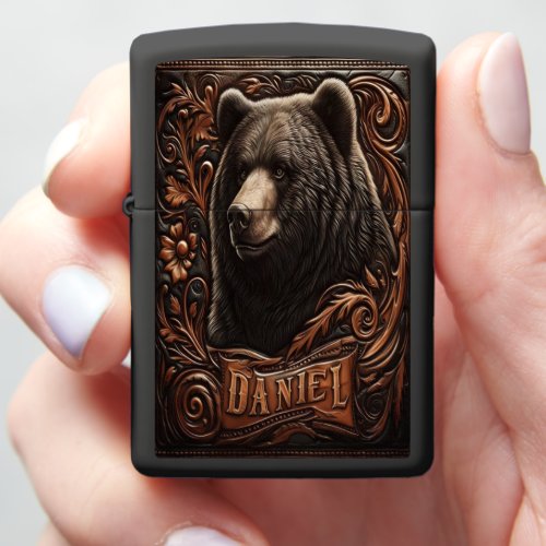 Daniel Grizzly Bear Leather Carving Zippo Lighter