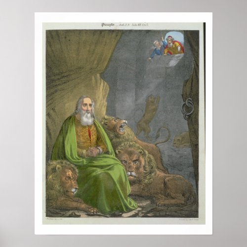 Daniel in the Lions Den from a bible printed by Poster