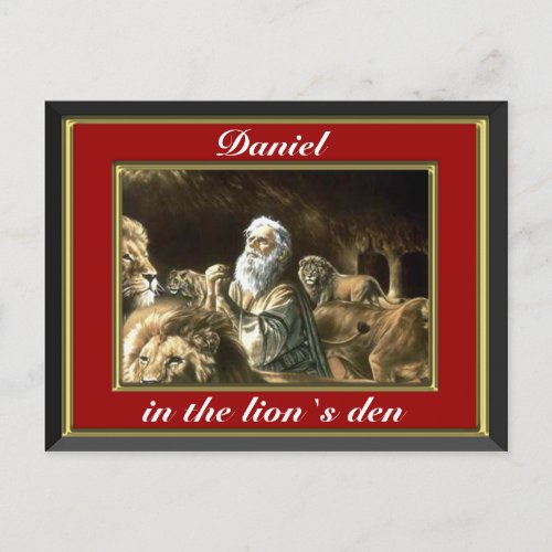 Daniel praying in the lions den red postcard