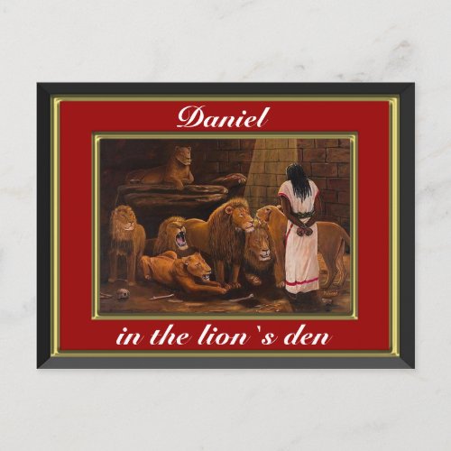 Daniel standing in the lions den red postcard