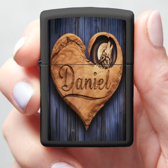 Daniel's Wooden Wolf Heart Zippo Lighter (In Hand)