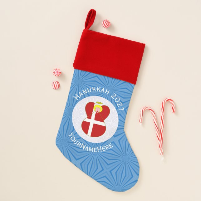 Danish Angel Hanukkah Flag Personalized  Christmas Stocking (Front)