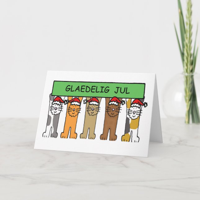 Danish Christmas Cartoon Cats Glaedelig Jul Holiday Card (Front)