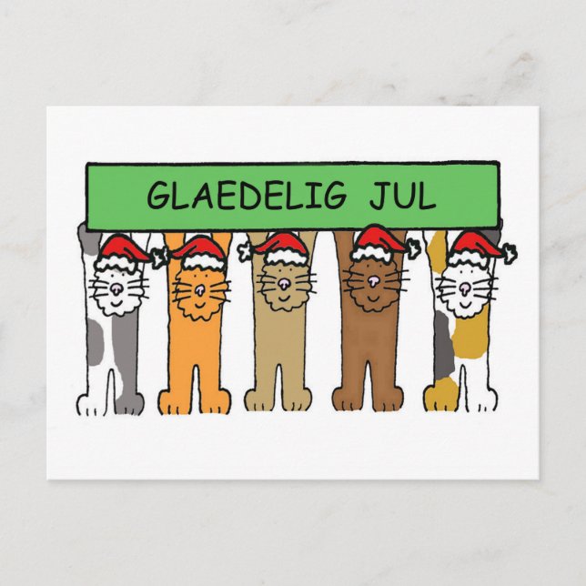 Danish Christmas Cartoon Cats Glaedelig Jul Holiday Postcard (Front)
