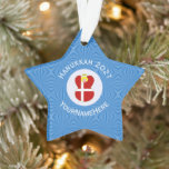 Danish Flag Hanukkah Angel Name Year Star Ornament<br><div class="desc">Hanukkah decor star shaped ornament for the holiday season shows an angel wearing the red and white flag of Denmark. Designed for families of multiple religions, the Hanukkah Danish angel is found in the center of white squiggly squares, surrounded by blue squiggly squares. Add a name to personalize. Customize by...</div>