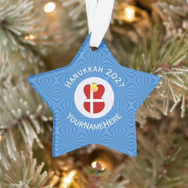 Danish Flag Hanukkah Angel Name Year Star Ornament (Tree)