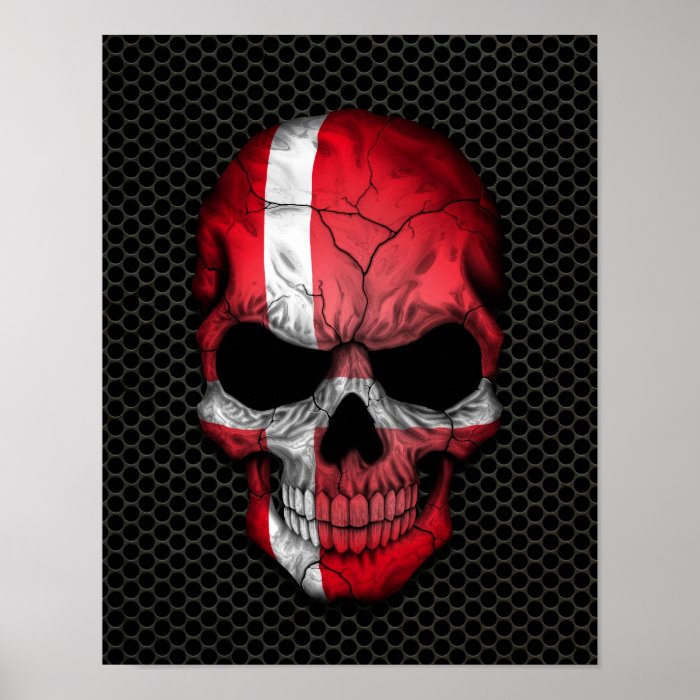 Danish Flag Skull on Steel Mesh Graphic Posters