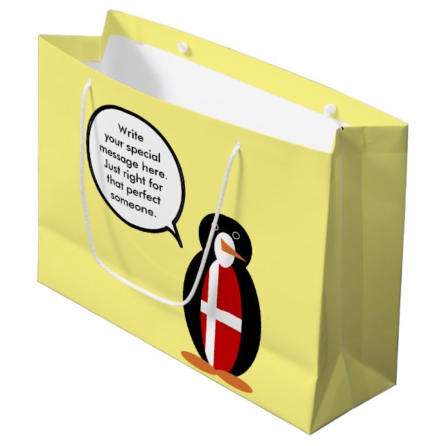 Danish Flag Talking Ms. Penguin Personalized Large Gift Bag (Front Angled)