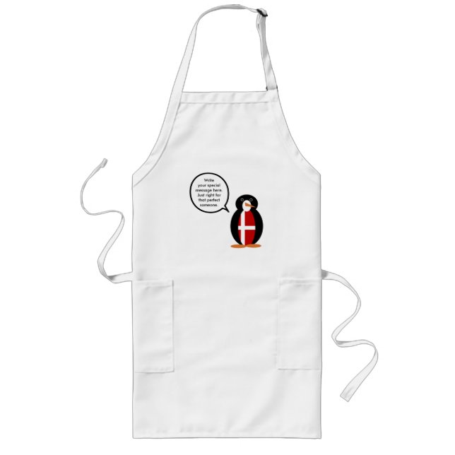 Danish Flag Talking Ms. Penguin Personalized Long Apron (Front)