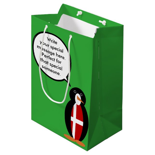 Danish Flag Talking Ms. Penguin Personalized Medium Gift Bag (Front Angled)