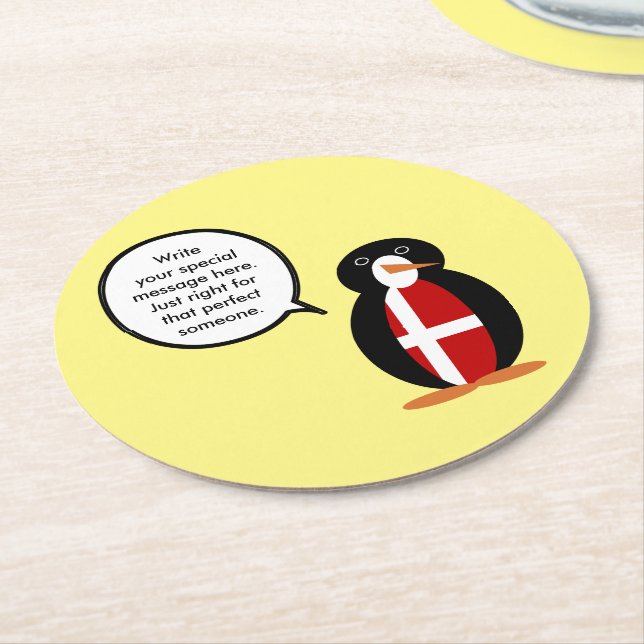 Danish Flag Talking Ms. Penguin Personalized Round Paper Coaster (Angled)