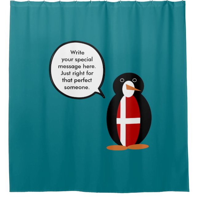 Danish Flag Talking Ms. Penguin Personalized Shower Curtain (Front)