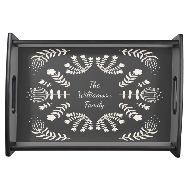 Danish Floral Black and White Personalized Family  Serving Tray (Front)