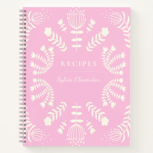 Danish Folk Flowers Pink Personalized Recipe Notebook