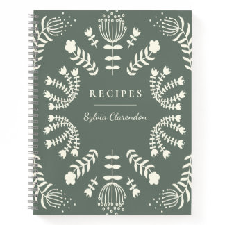 Danish Folk Flowers Sage Green Personalized Recipe Notebook