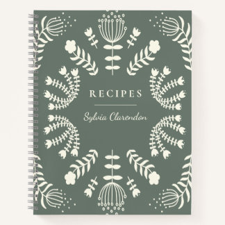 Danish Folk Flowers Sage Green Personalized Recipe Notebook