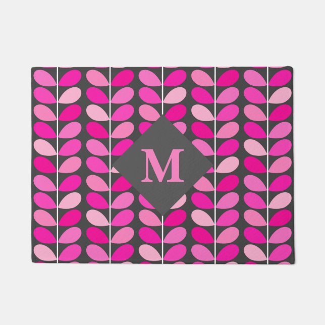 Danish Leaves With Monogram, Fuchsia Pink and Gray Doormat (Front)