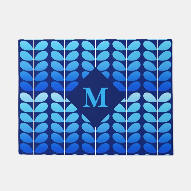 Danish Leaves With Monogram, Navy and Cobalt Blue Doormat (Front)
