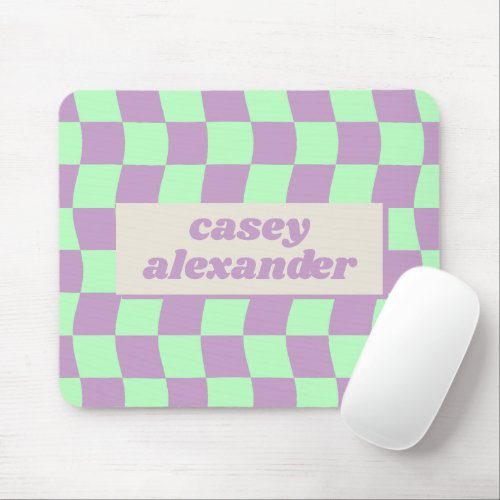 Danish Pastel Purple Green Wavy Checkerboard Name Mouse Pad