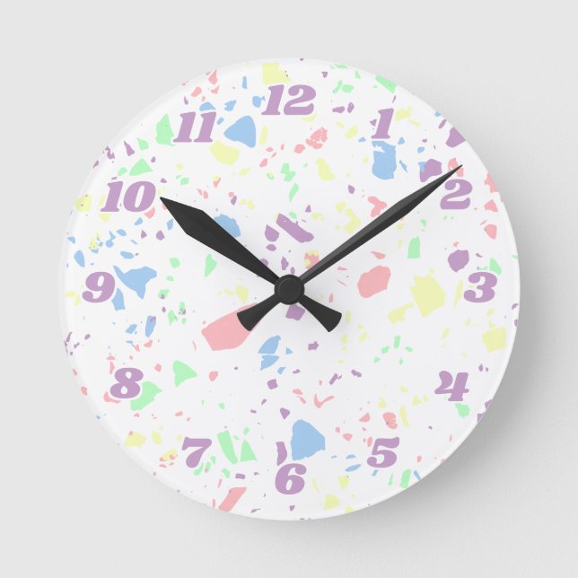 Danish Pastel Rainbow White Terrazzo Numbered Round Clock (Front)