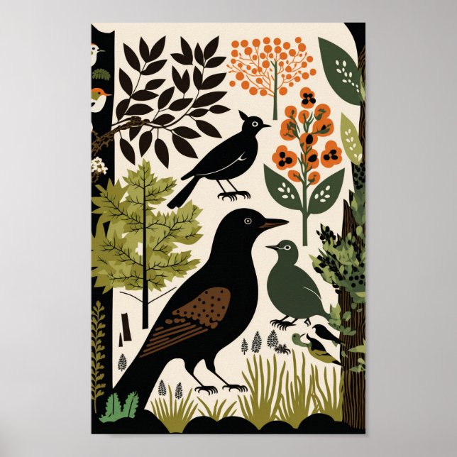 Danish Scandinavian Birds Floral Flower Art Print (Front)