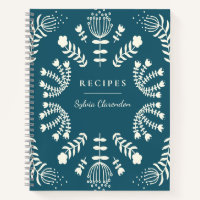 Danish Teal Blue Folk Flowers Personalized Recipe Notebook