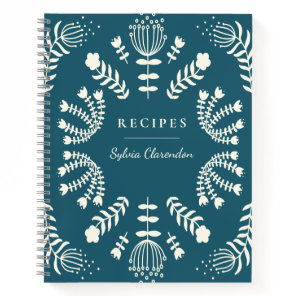 Danish Teal Blue Folk Flowers Personalized Recipe Notebook