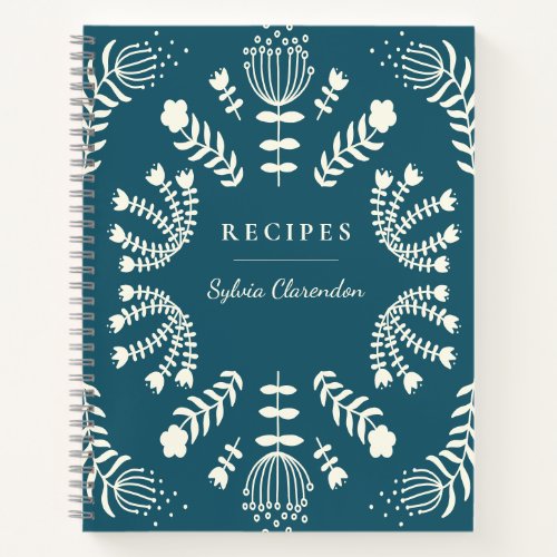 Danish Teal Blue Folk Flowers Personalized Recipe Notebook