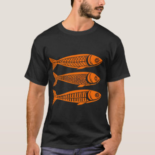 Danish Woodcut Linocut Sardine Fish Print Orange T-Shirt