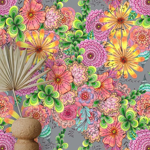 Danse Intricate Colorful Flowers and Foliage Wallpaper